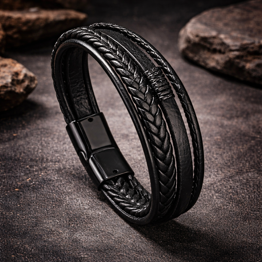 Black Braided Leather Bracelet for Men