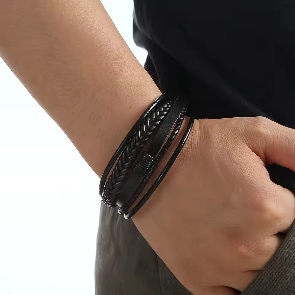 Black Braided Leather Bracelet for Men