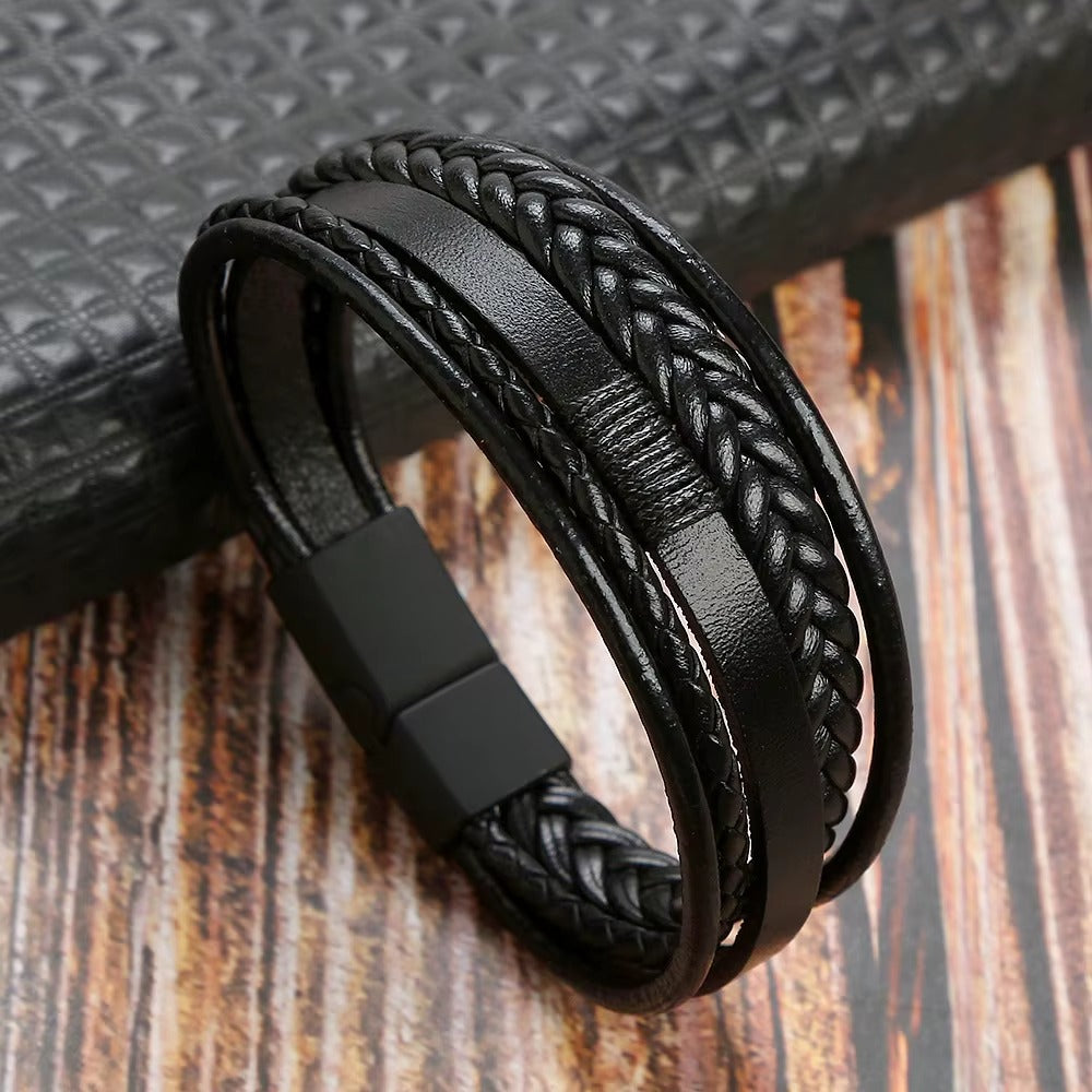 Black Braided Leather Bracelet for Men