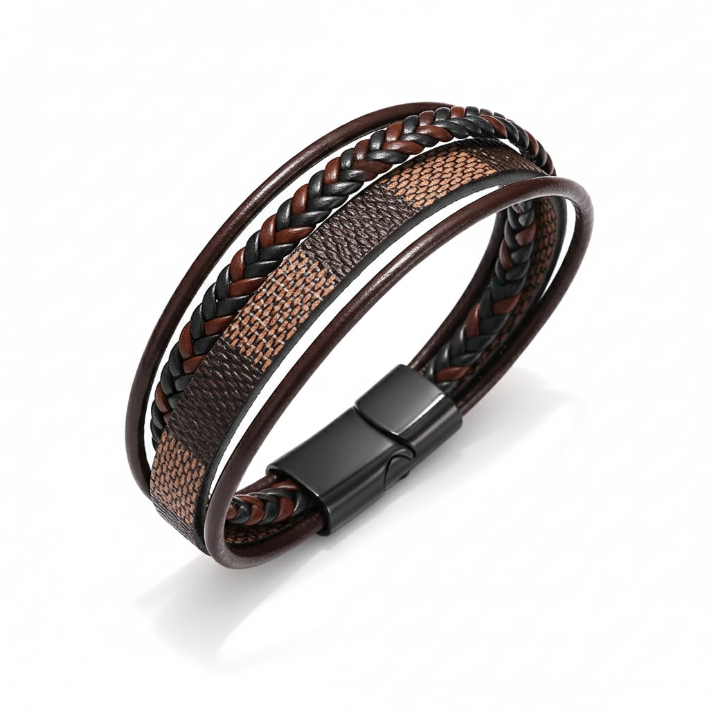 Brown Check Design Magnetic Clasp Leather Bracelet for Men
