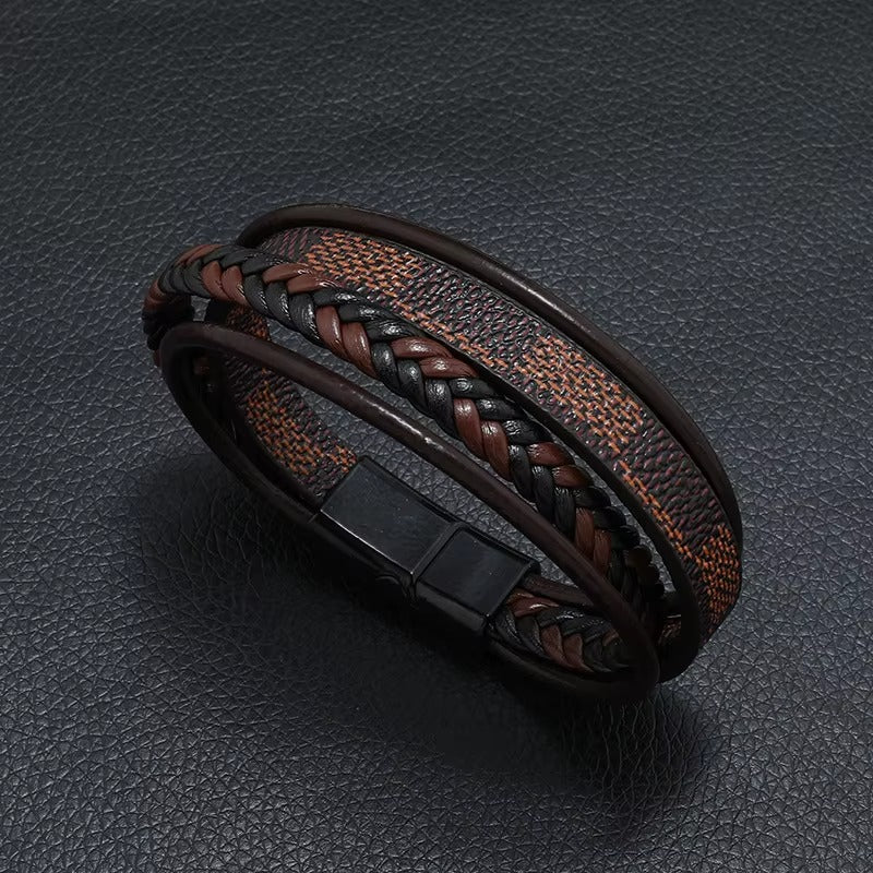 Brown Check Design Magnetic Clasp Leather Bracelet for Men