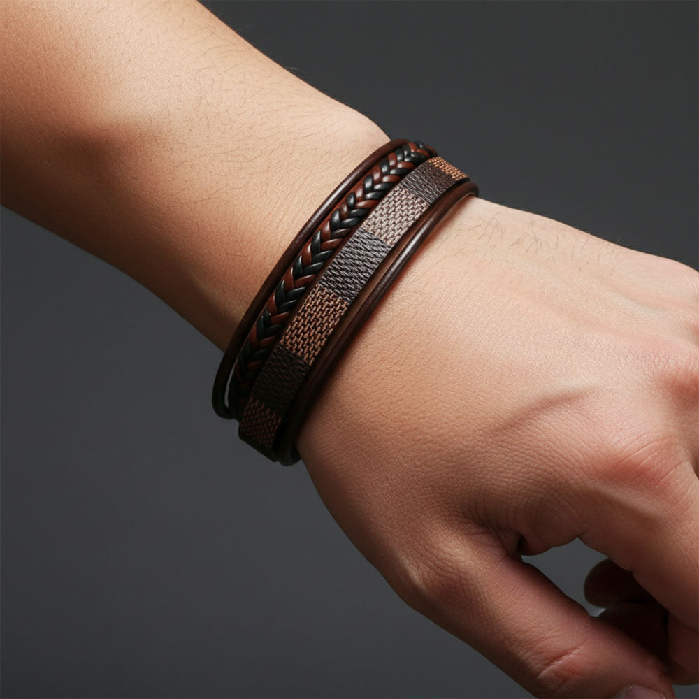 Brown Check Design Magnetic Clasp Leather Bracelet for Men