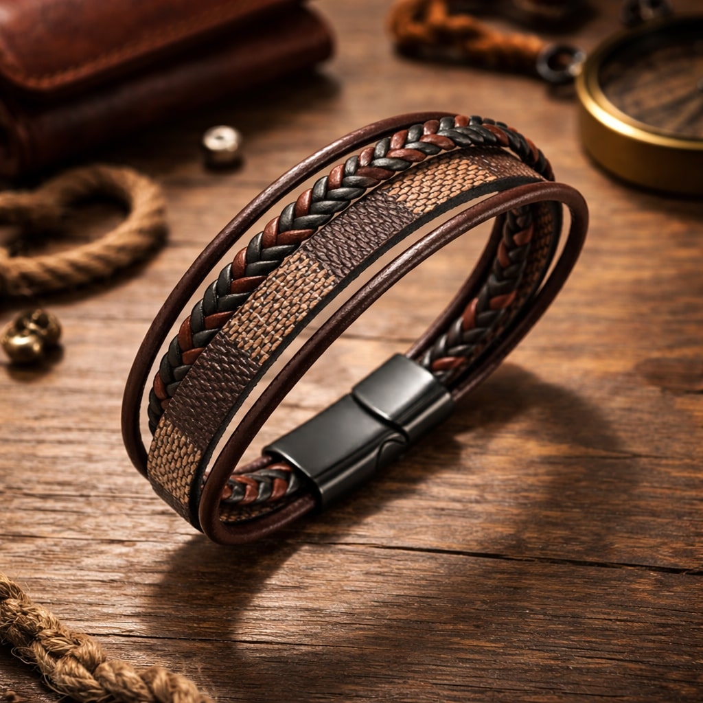 Brown Check Design Magnetic Clasp Leather Bracelet for Men