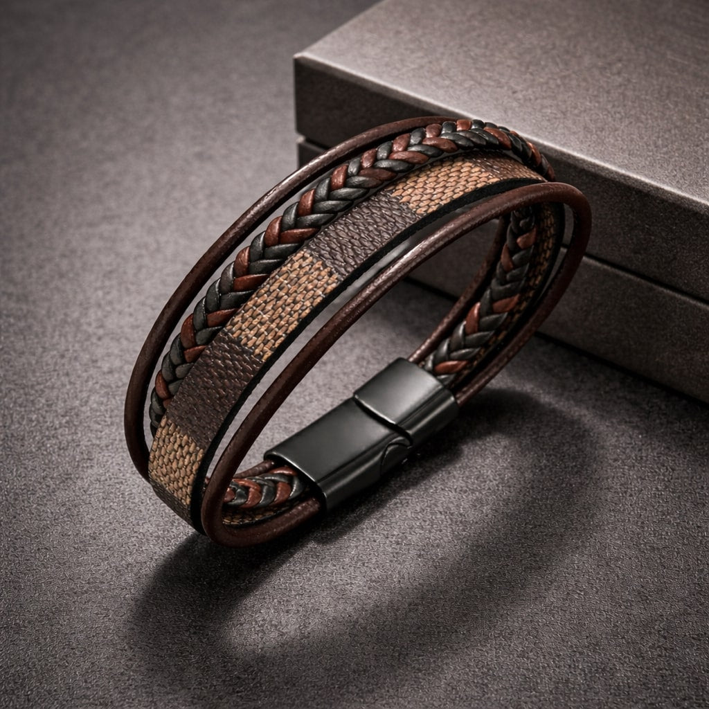 Brown Check Design Magnetic Clasp Leather Bracelet for Men