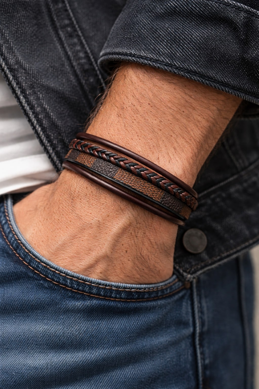 Brown Check Design Magnetic Clasp Leather Bracelet for Men