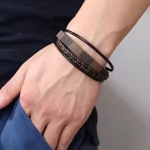 Brown Check Design Magnetic Clasp Leather Bracelet for Men