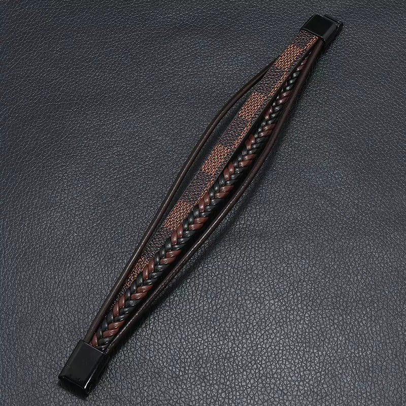 Brown Check Design Magnetic Clasp Leather Bracelet for Men