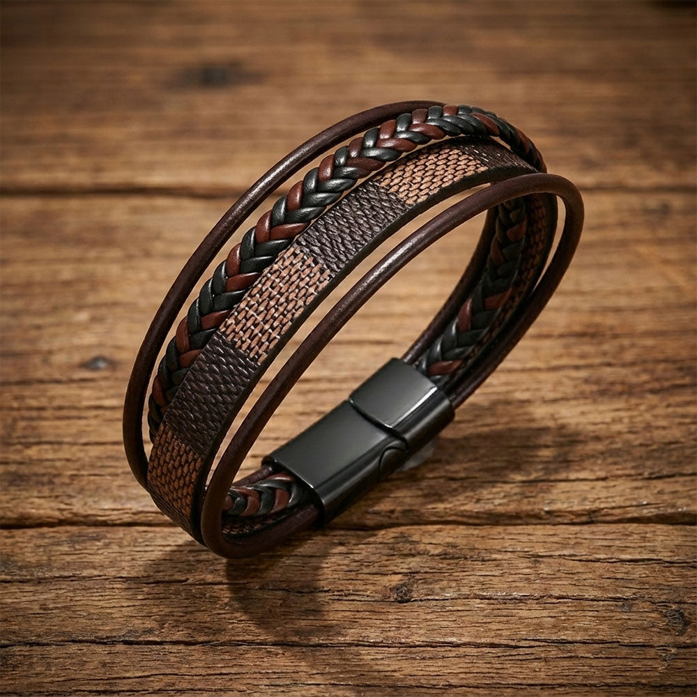 Brown Check Design Magnetic Clasp Leather Bracelet for Men