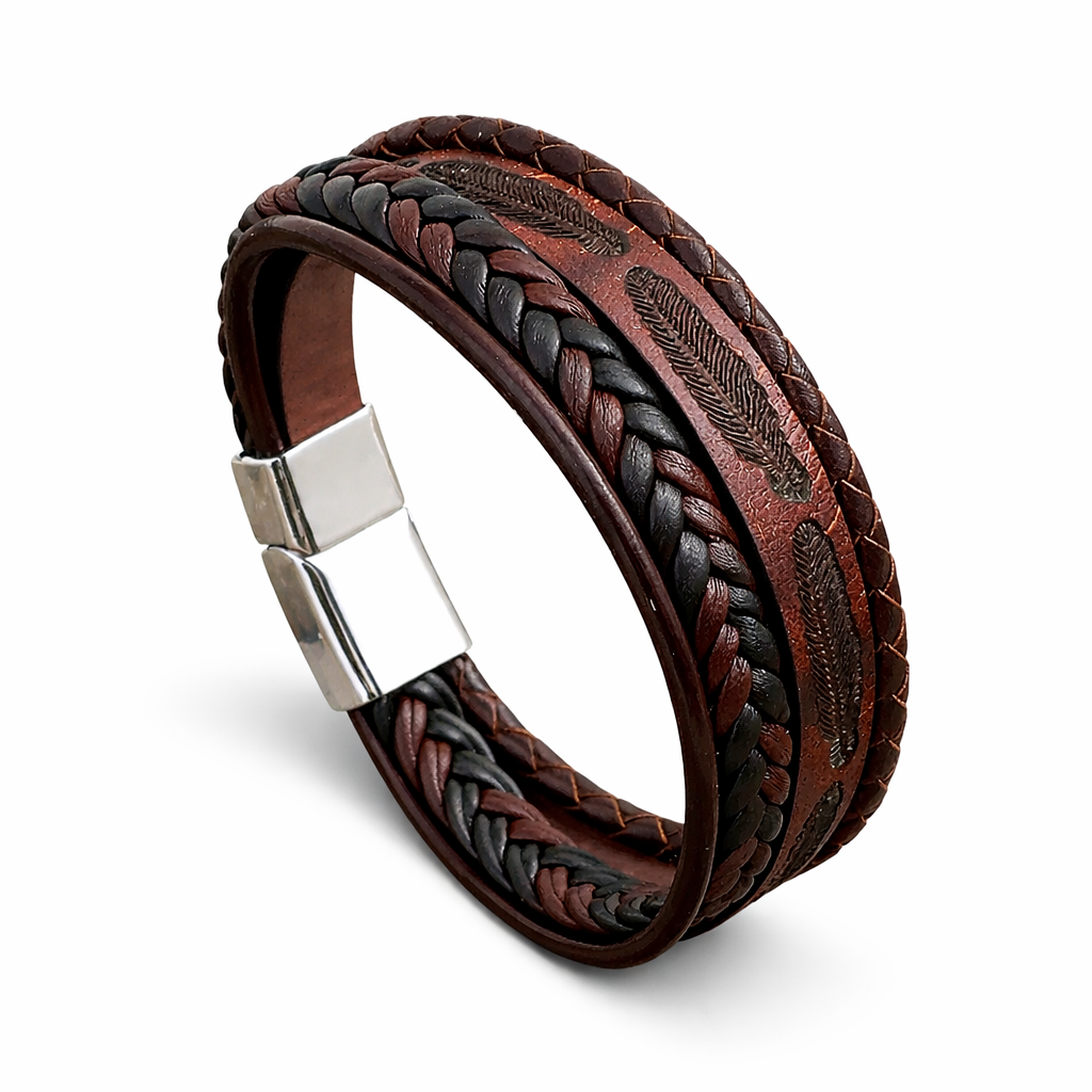Brown Magnetic Clasp Leather Bracelet For Men