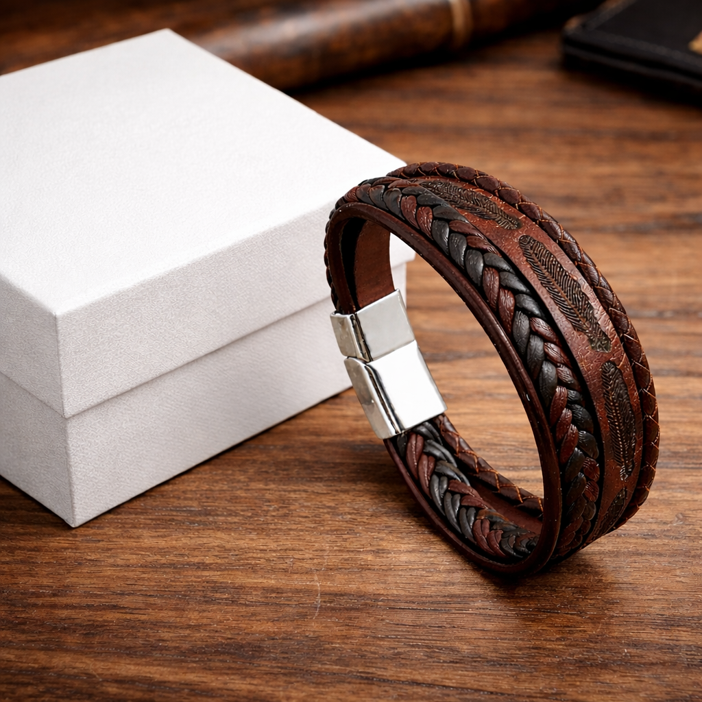 Brown Magnetic Clasp Leather Bracelet For Men