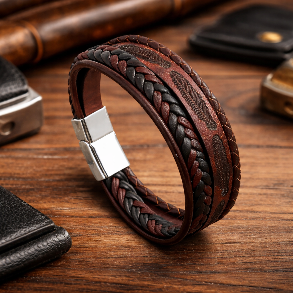 Brown Magnetic Clasp Leather Bracelet For Men