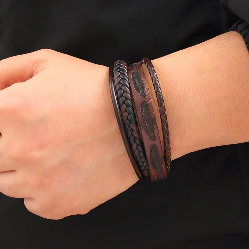 Brown Magnetic Clasp Leather Bracelet For Men