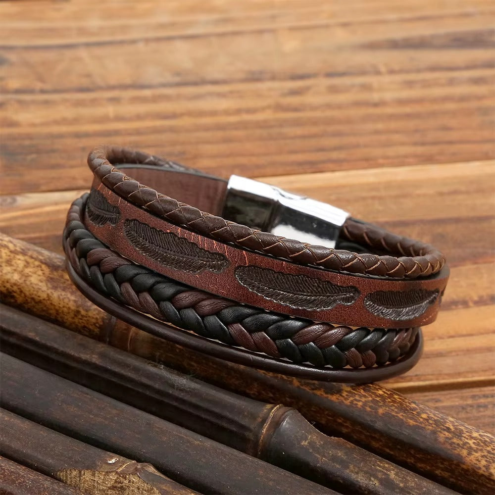 Brown Magnetic Clasp Leather Bracelet For Men