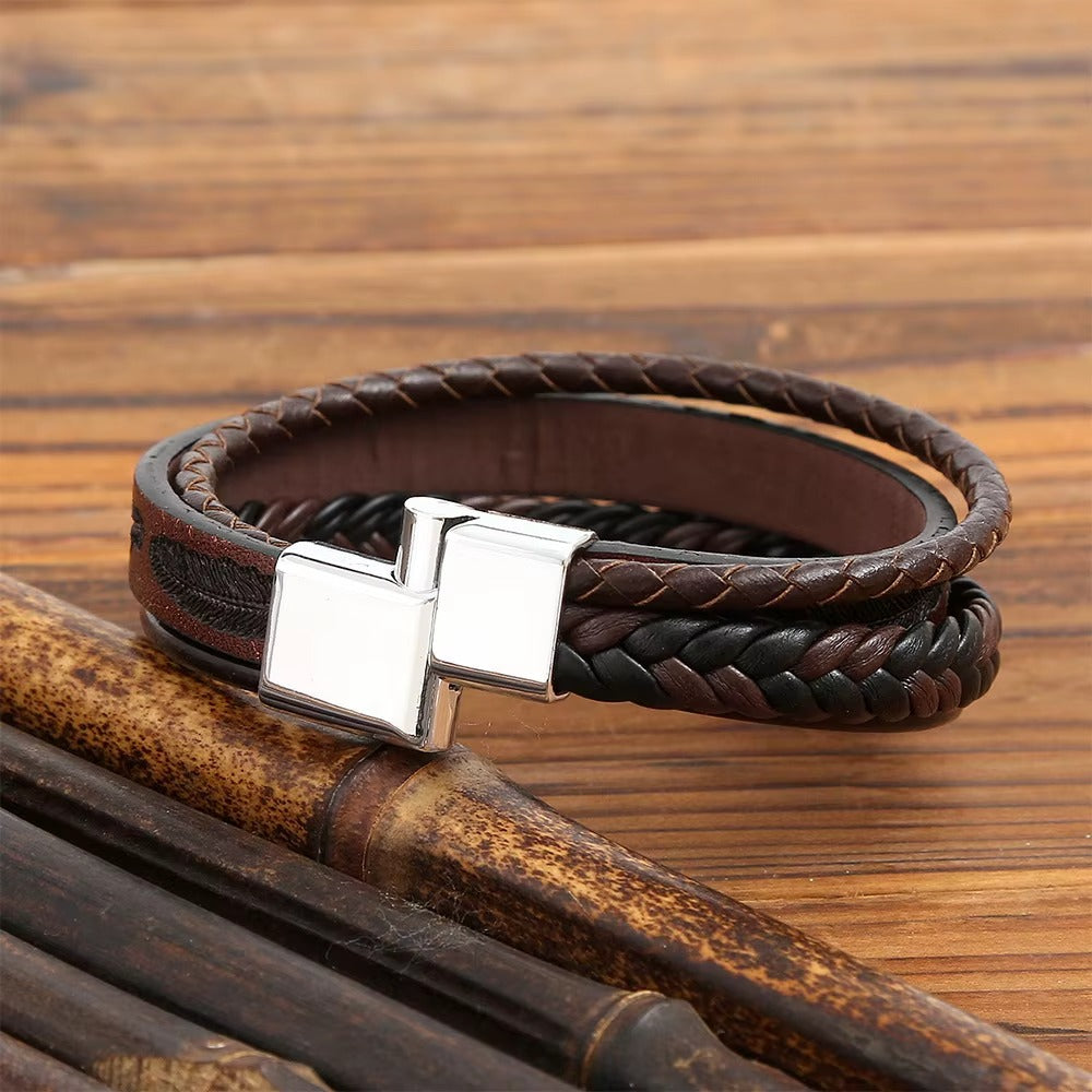 Brown Magnetic Clasp Leather Bracelet For Men
