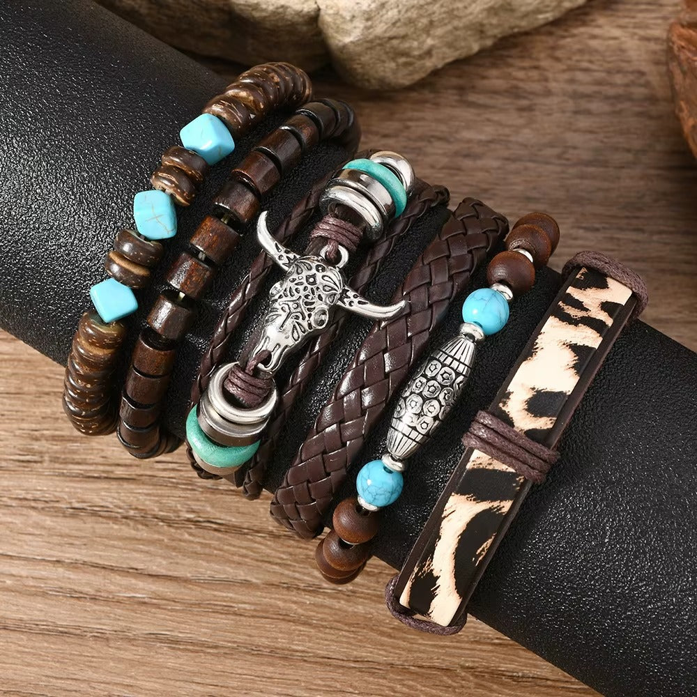 Bullhead Multi-Layer Beaded Hand-Woven Leather Bracelet for Men-Set of 6