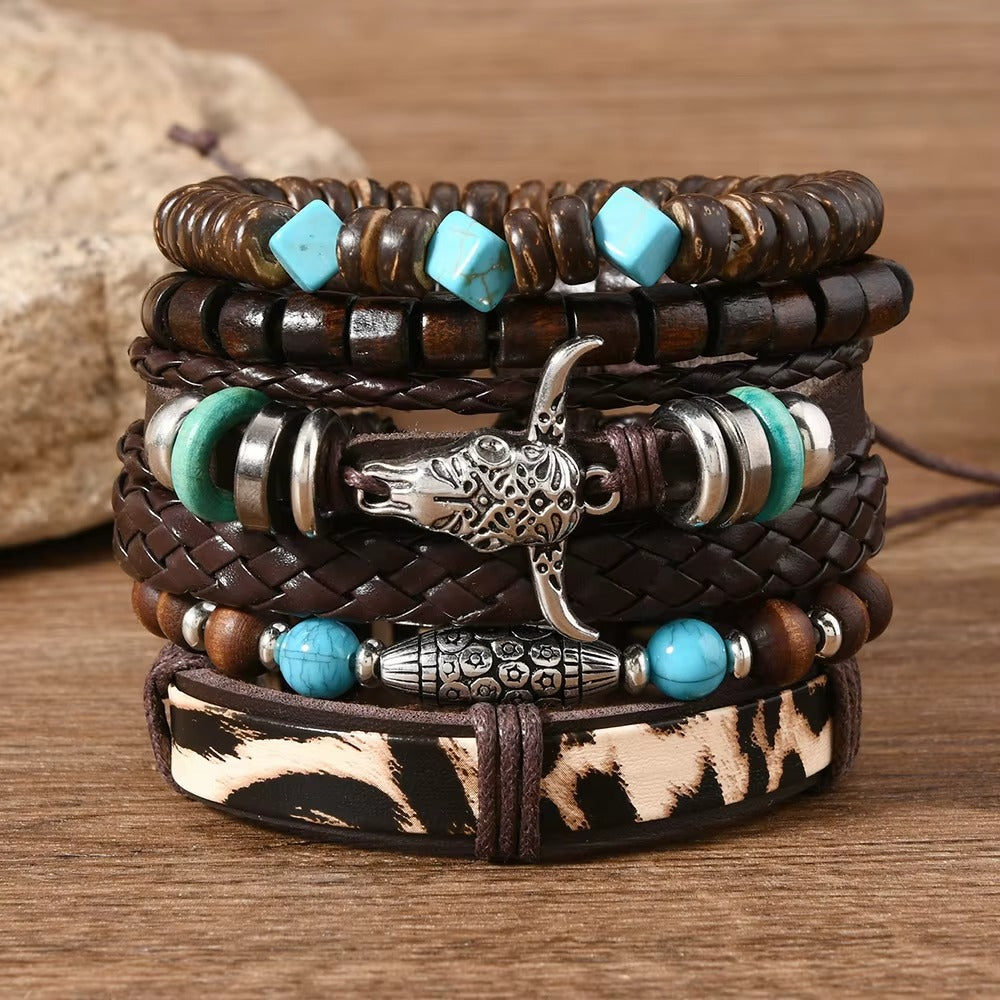 Bullhead Multi-Layer Beaded Hand-Woven Leather Bracelet for Men-Set of 6