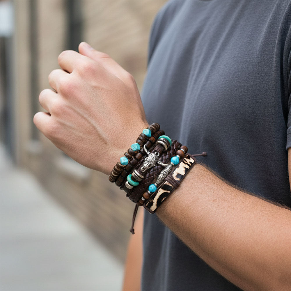 Bullhead Multi-Layer Beaded Hand-Woven Leather Bracelet for Men-Set of 6