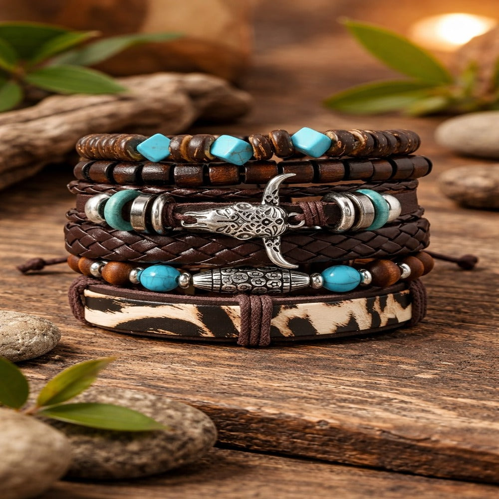 Bullhead Multi-Layer Beaded Hand-Woven Leather Bracelet for Men-Set of 6