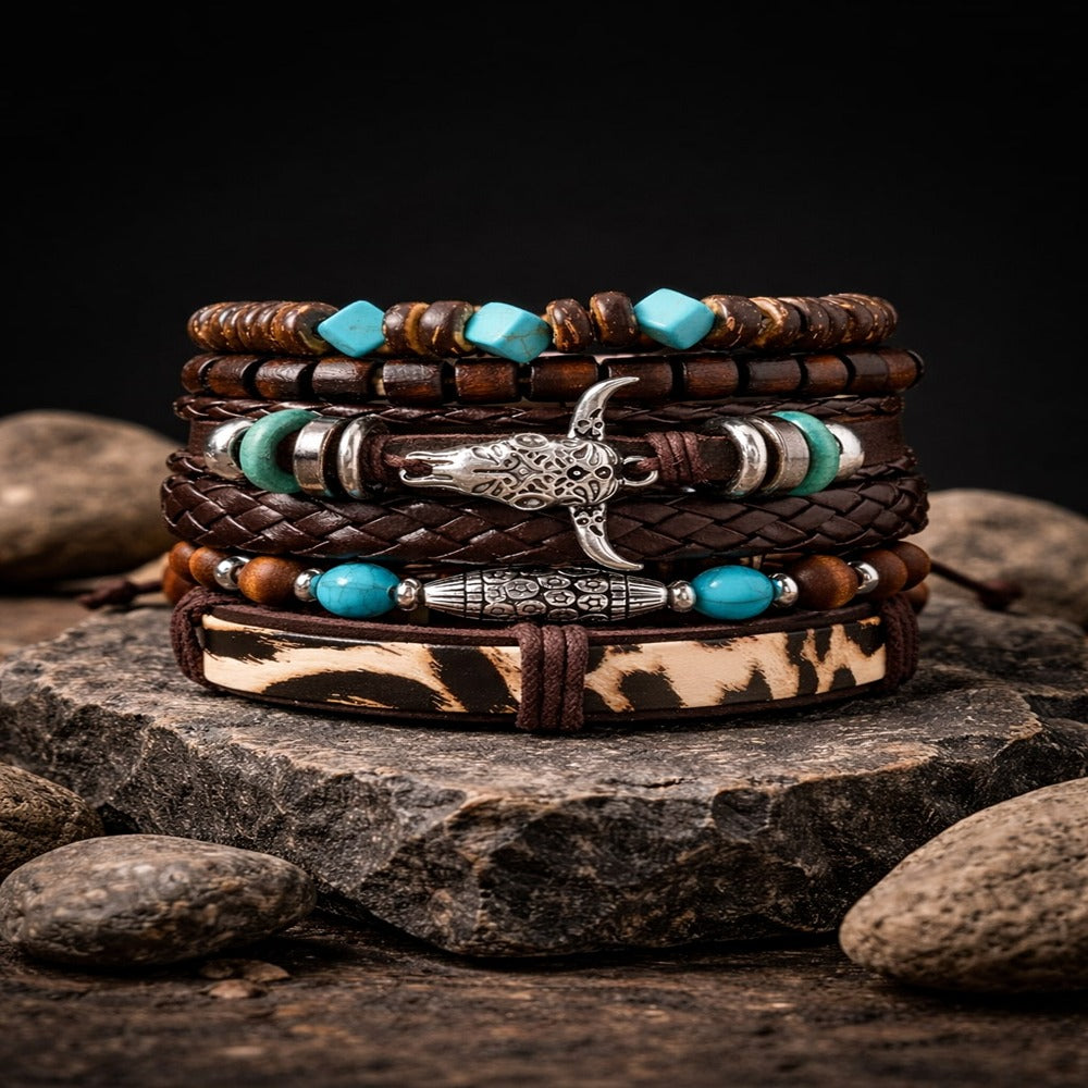Bullhead Multi-Layer Beaded Hand-Woven Leather Bracelet for Men-Set of 6