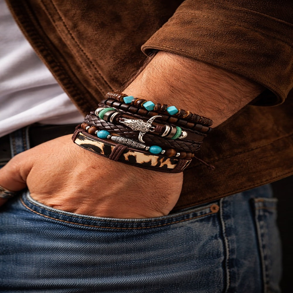 Bullhead Multi-Layer Beaded Hand-Woven Leather Bracelet for Men-Set of 6