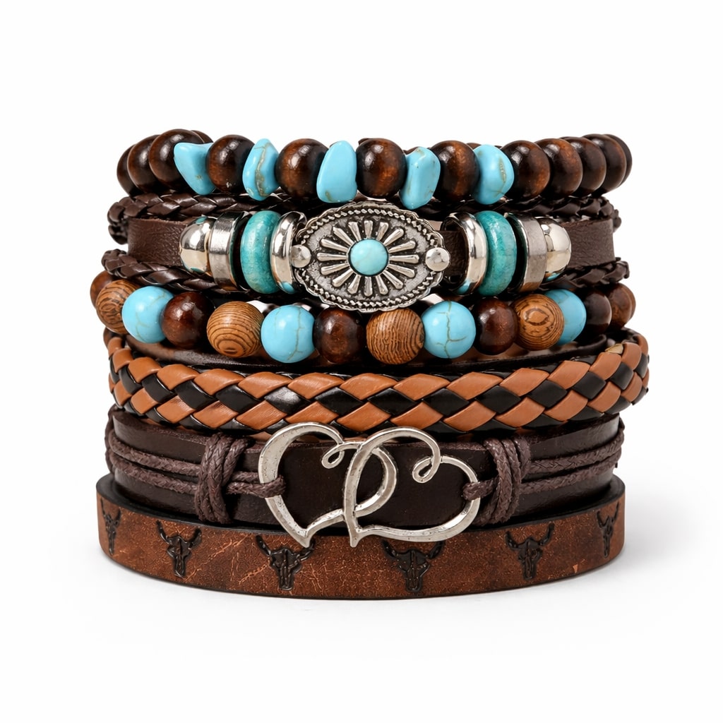 Double Heart Multi-Layer Leather Bracelet Combo for Men- Set of 6