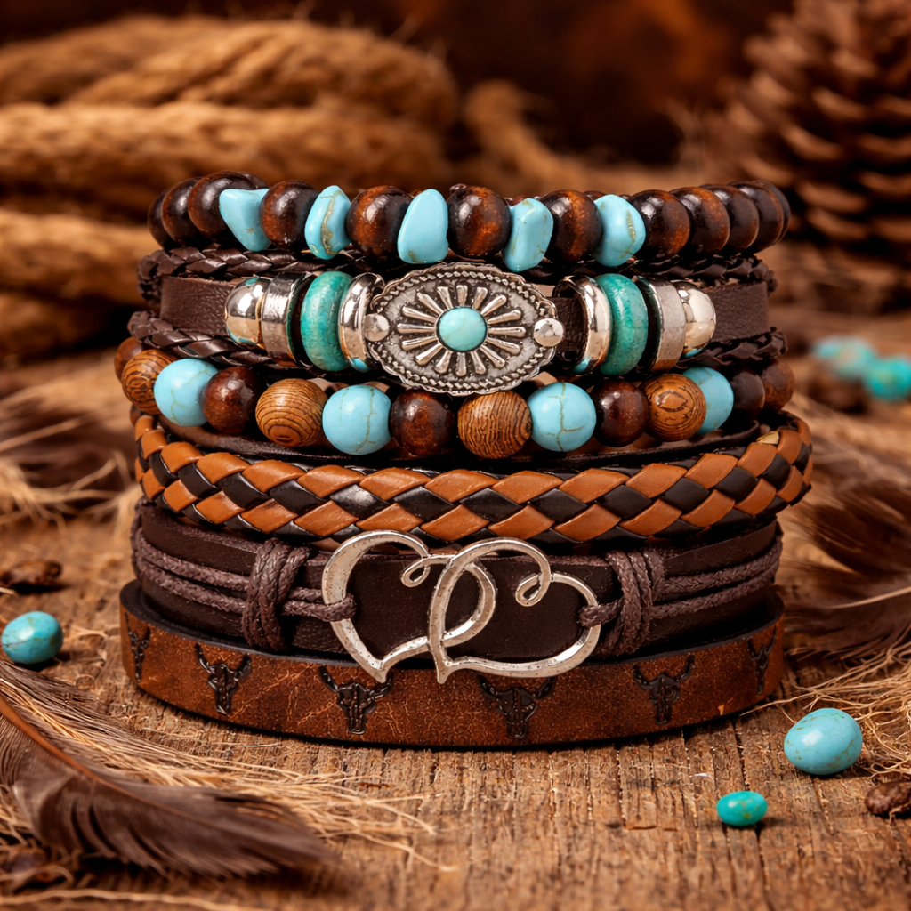 Double Heart Multi-Layer Leather Bracelet Combo for Men- Set of 6