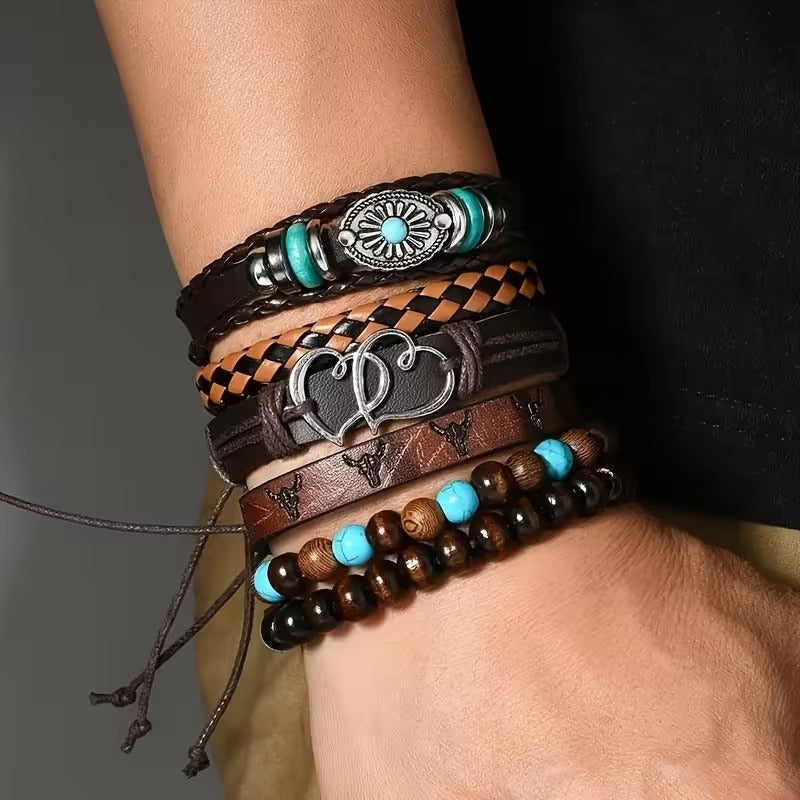 Double Heart Multi-Layer Leather Bracelet Combo for Men- Set of 6
