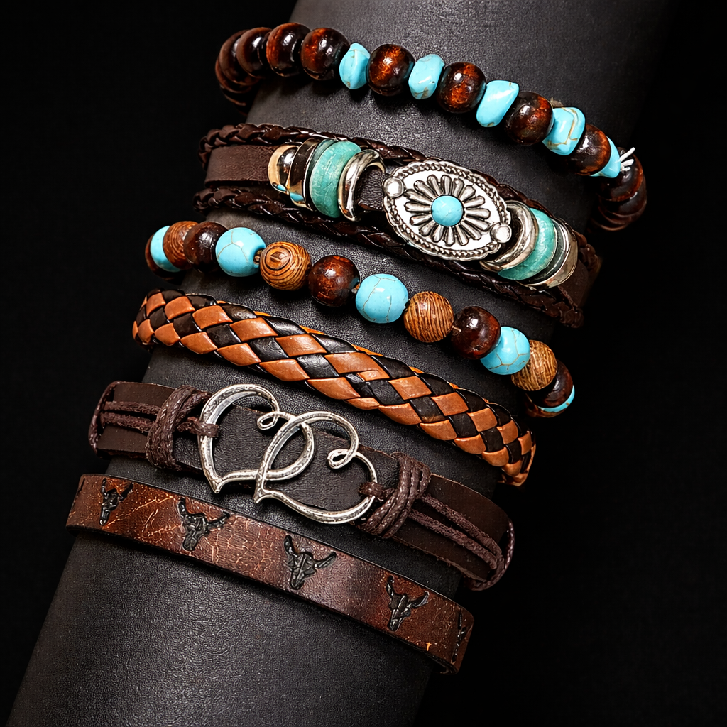 Double Heart Multi-Layer Leather Bracelet Combo for Men- Set of 6
