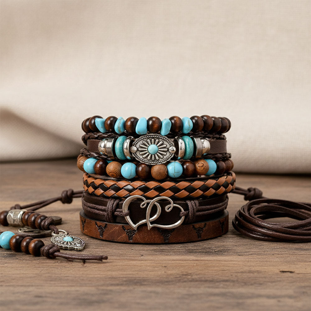 Double Heart Multi-Layer Leather Bracelet Combo for Men- Set of 6