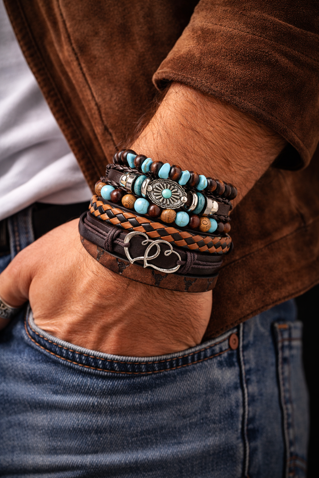 Double Heart Multi-Layer Leather Bracelet Combo for Men- Set of 6