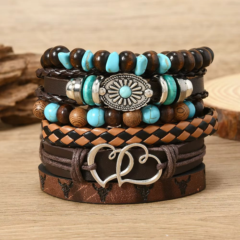 Double Heart Multi-Layer Leather Bracelet Combo for Men- Set of 6