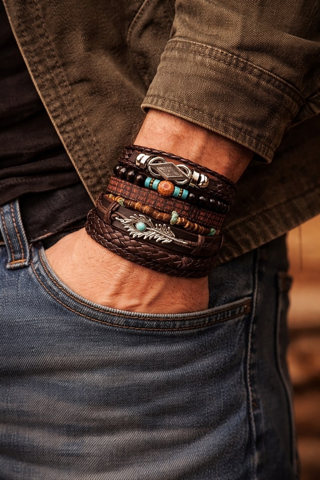 Turquoise Feather Wings Multi-Layer Braided Leather Bracelet Combo for Men-Set of 6