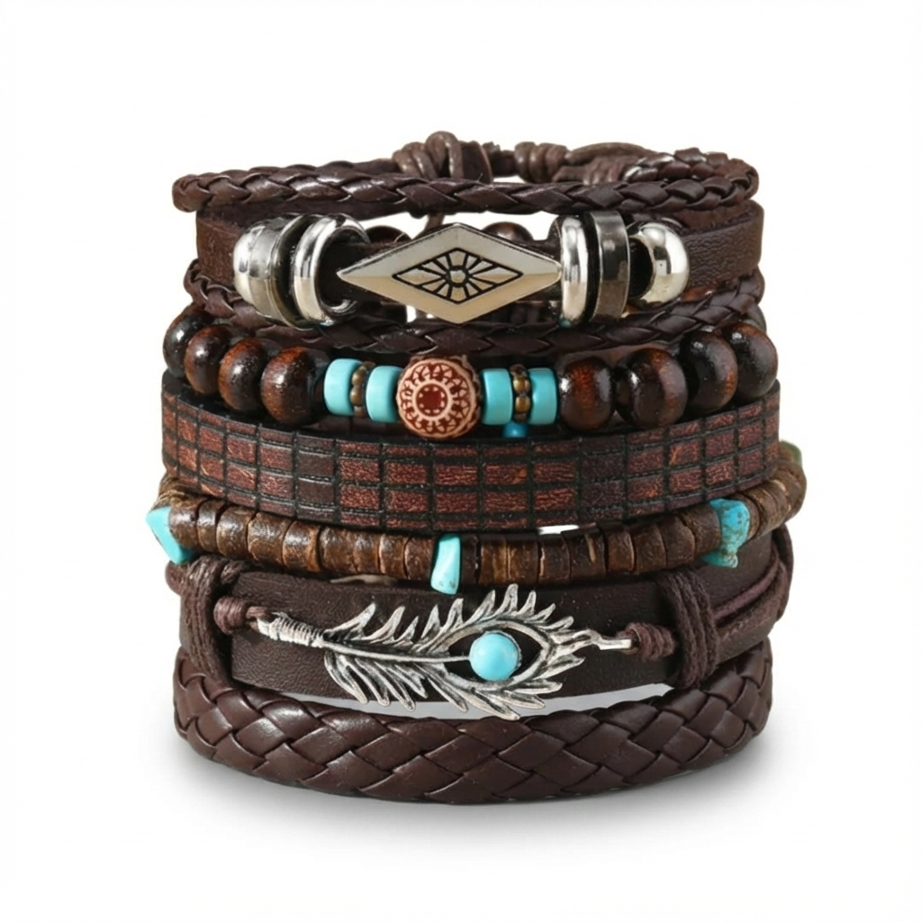 Turquoise Feather Wings Multi-Layer Braided Leather Bracelet Combo for Men-Set of 6