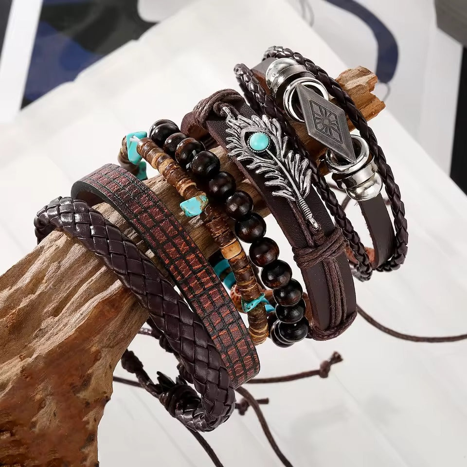 Turquoise Feather Wings Multi-Layer Braided Leather Bracelet Combo for Men-Set of 6