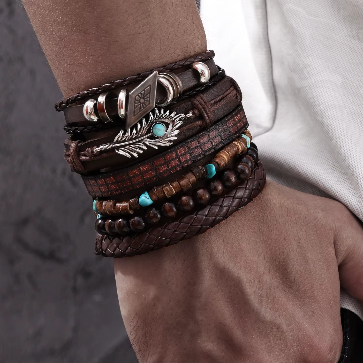 Turquoise Feather Wings Multi-Layer Braided Leather Bracelet Combo for Men-Set of 6