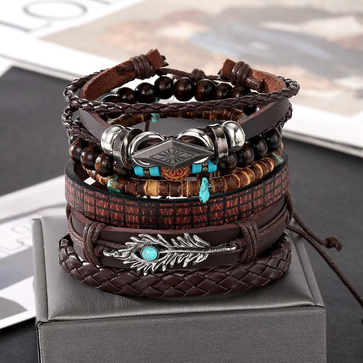 Turquoise Feather Wings Multi-Layer Braided Leather Bracelet Combo for Men-Set of 6