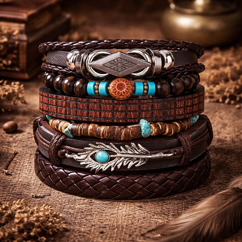 Turquoise Feather Wings Multi-Layer Braided Leather Bracelet Combo for Men-Set of 6