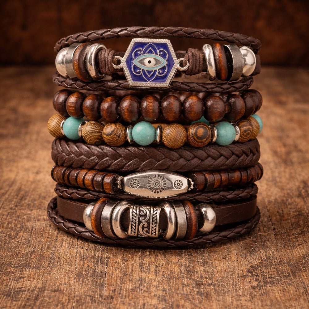Blue Turkish Eye Multi-Layer Braided Leather Bracelet for Men- set of 6