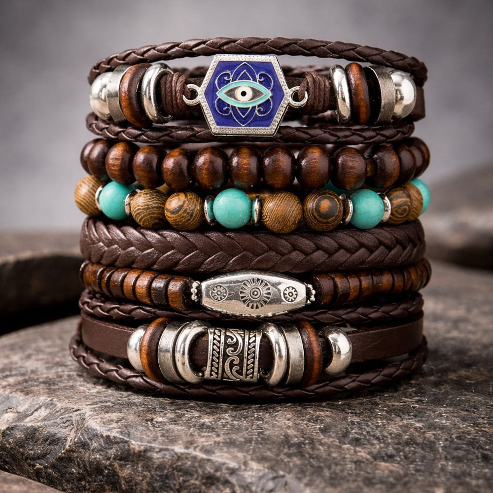 Blue Turkish Eye Multi-Layer Braided Leather Bracelet for Men- set of 6