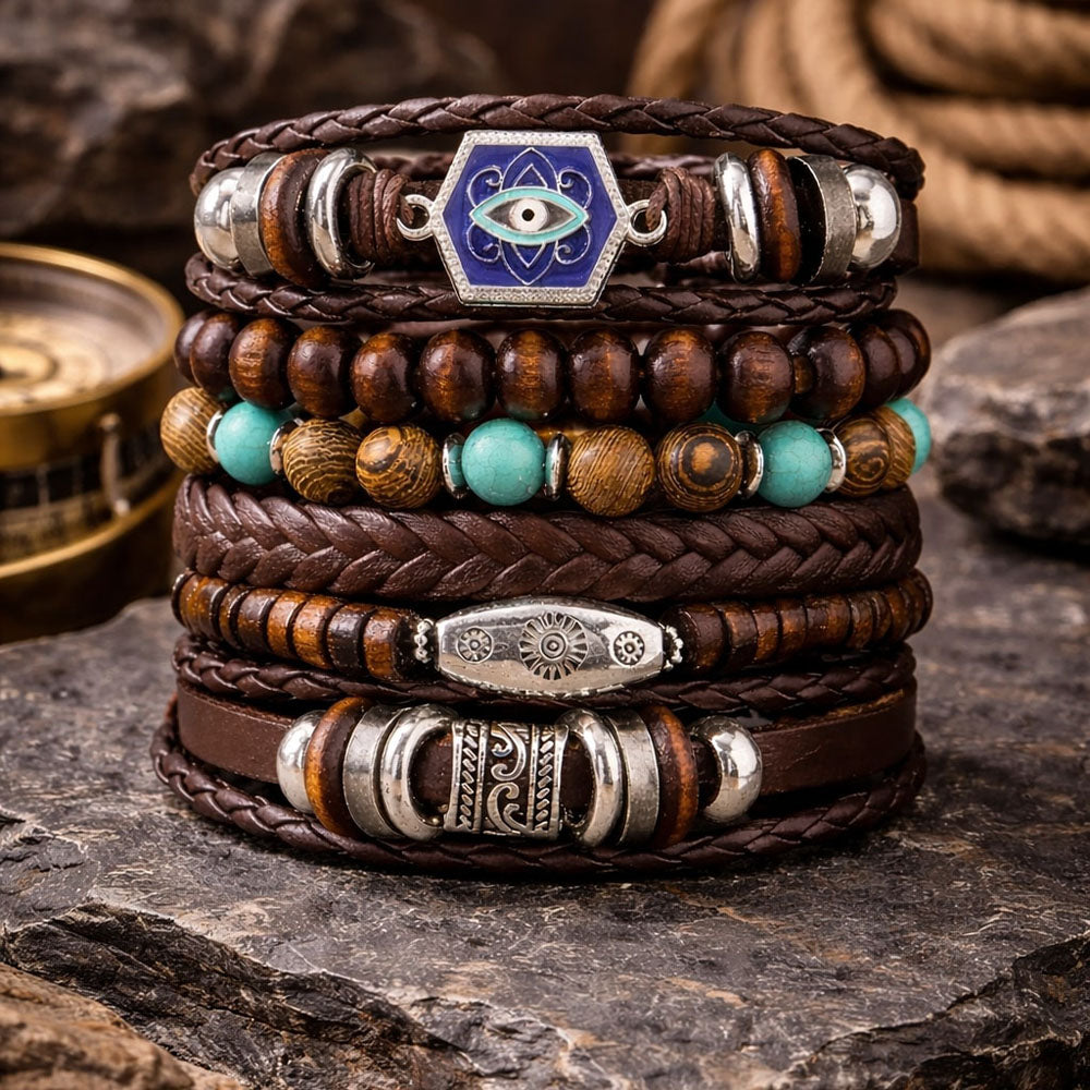 Blue Turkish Eye Multi-Layer Braided Leather Bracelet for Men- set of 6