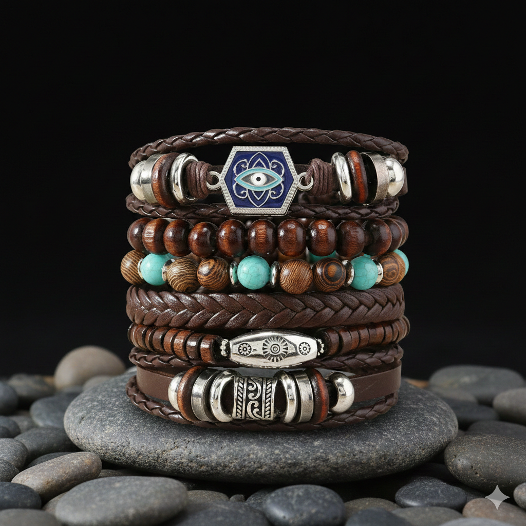 Blue Turkish Eye Multi-Layer Braided Leather Bracelet for Men- set of 6