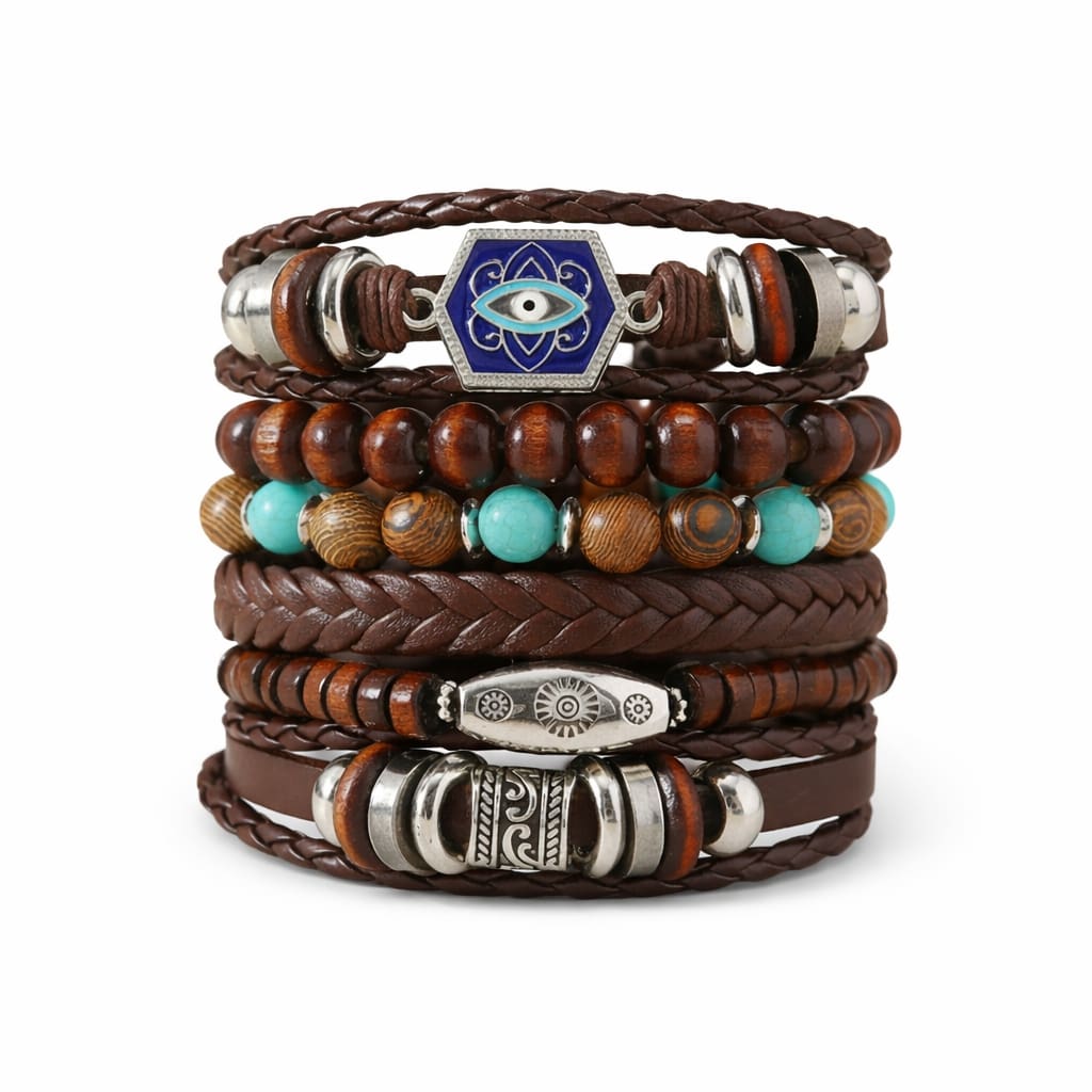 Blue Turkish Eye Multi-Layer Braided Leather Bracelet for Men- set of 6