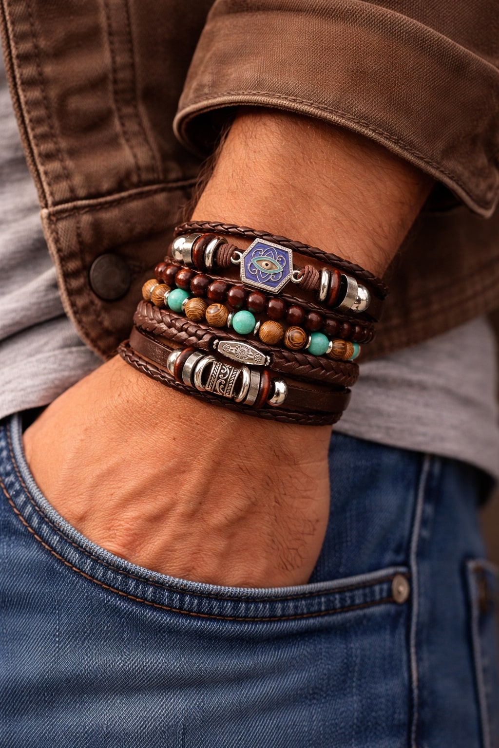 Blue Turkish Eye Multi-Layer Braided Leather Bracelet for Men- set of 6