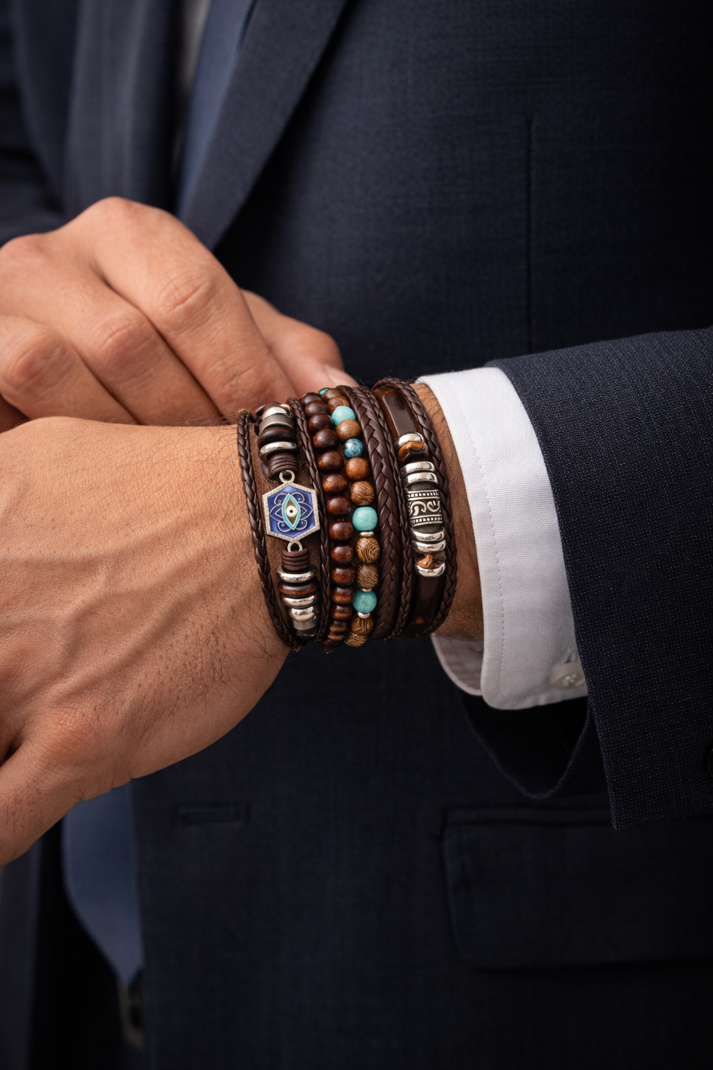 Blue Turkish Eye Multi-Layer Braided Leather Bracelet for Men- set of 6