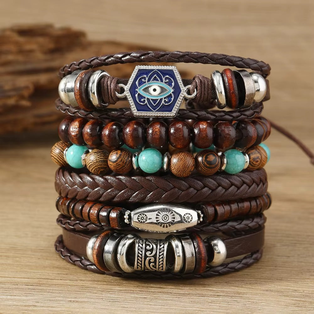 Blue Turkish Eye Multi-Layer Braided Leather Bracelet for Men- set of 6