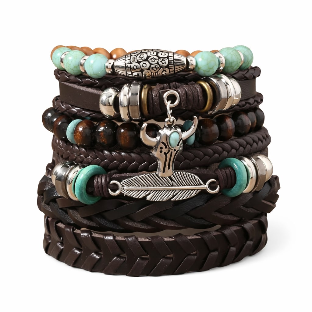 Bullhead Multi-Layer Beaded Hand-Woven Leather Bracelet for Men- Set of 6