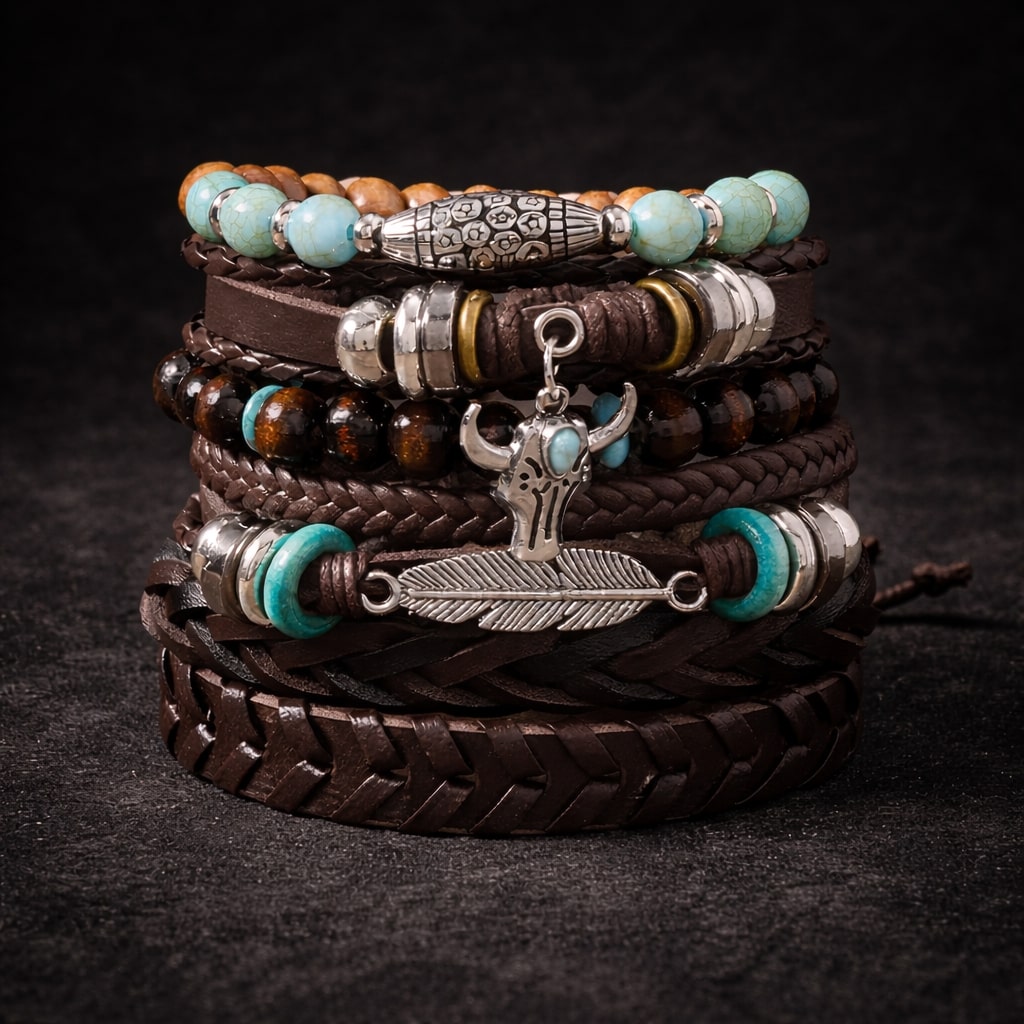 Bullhead Multi-Layer Beaded Hand-Woven Leather Bracelet for Men- Set of 6
