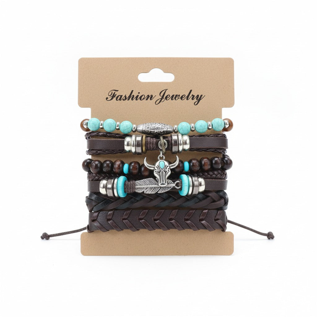 Bullhead Multi-Layer Beaded Hand-Woven Leather Bracelet for Men- Set of 6