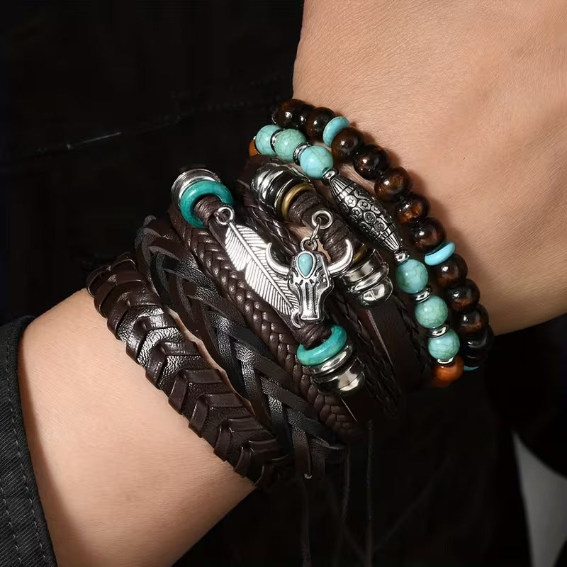 Bullhead Multi-Layer Beaded Hand-Woven Leather Bracelet for Men- Set of 6