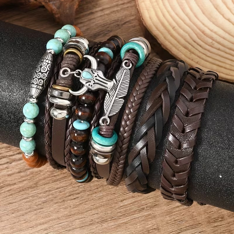 Bullhead Multi-Layer Beaded Hand-Woven Leather Bracelet for Men- Set of 6